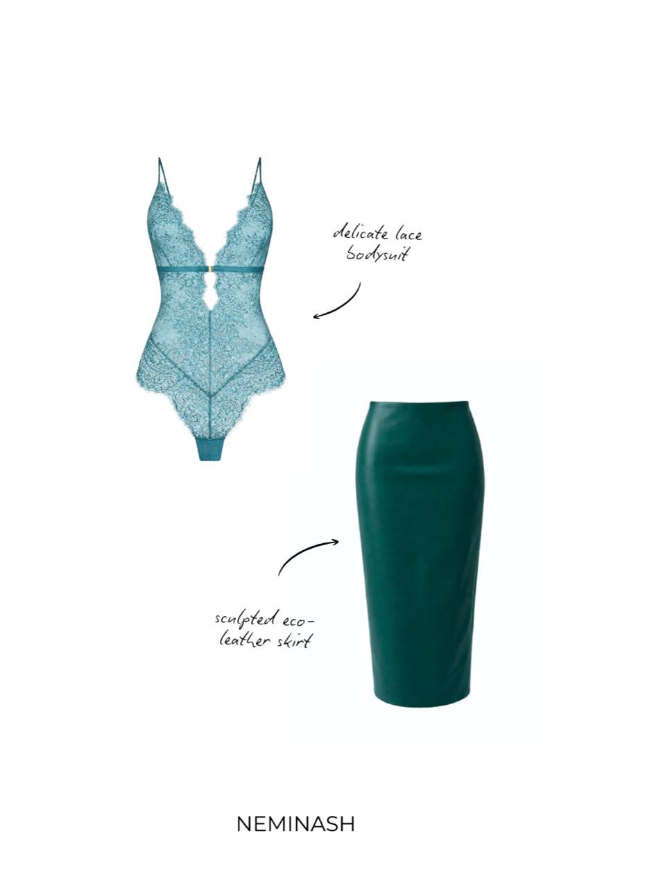 Emerald Lace Bodysuit and Skirt Set